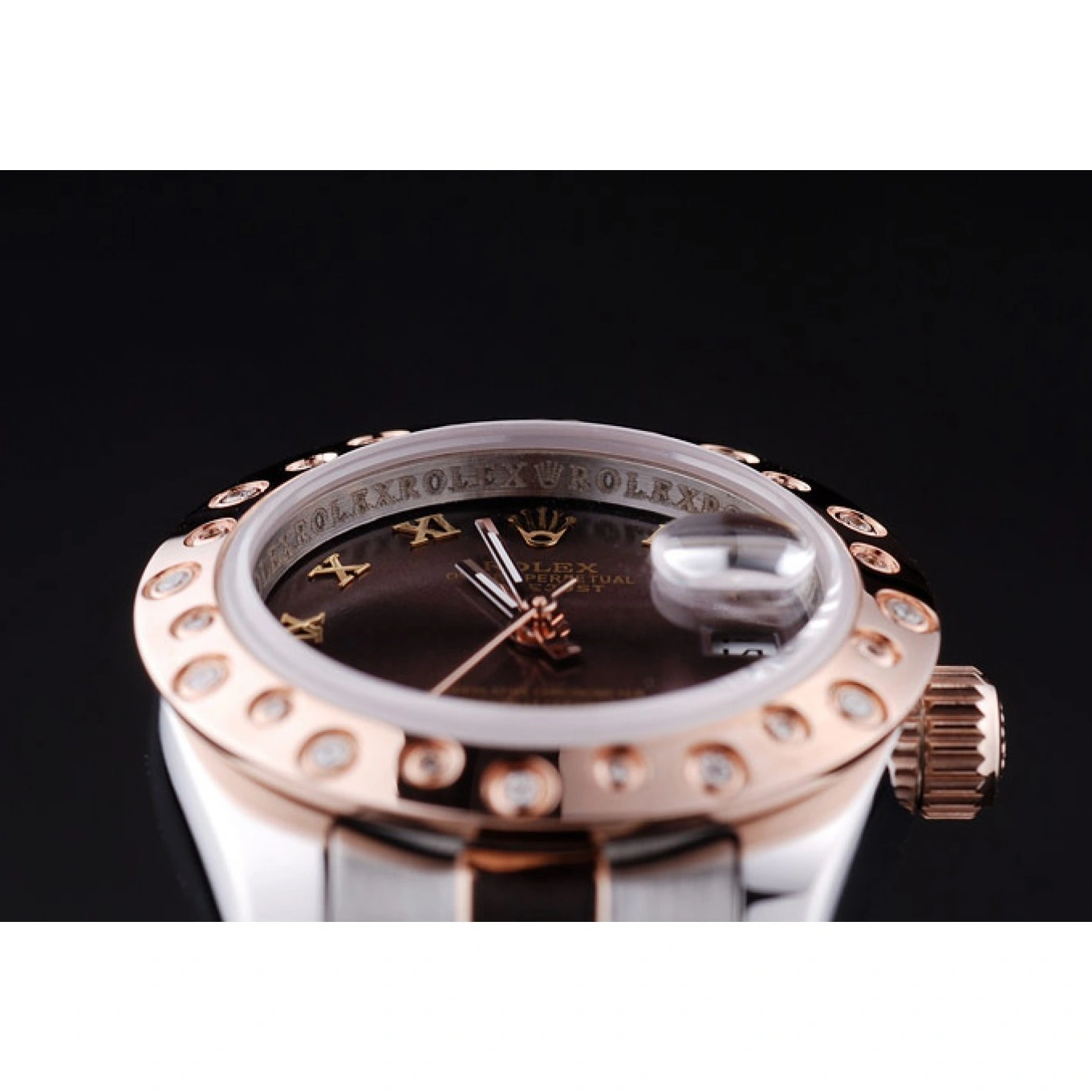 Best AAA Replica Sites Rose Brown Diamonds Bezel Gold Polished Dial Datejust 7475 Rolex 1015